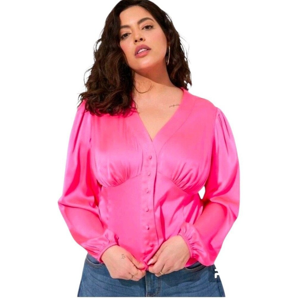 Torrid Hot Pink Satin V-Neck Button Up Blouse Size 5 5X Empire Barbiecore